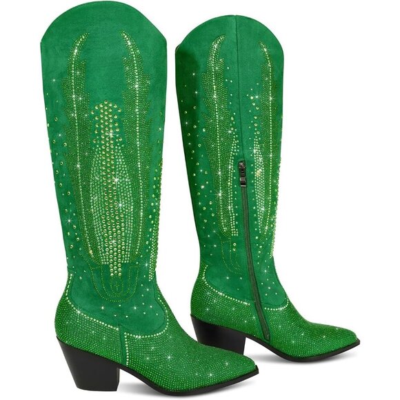 Women Polyurethane Green Knee High Rhinestone Bling Pointed Toe Cowgirl Western - Picture 4 of 6